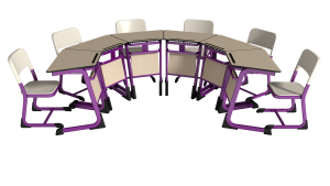 Six trapezoid single student desks joined into a semi-circular group work island — purple powder-coated frames, wood-decor tops and white-seat student chairs
