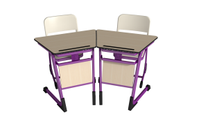 Two trapezoid single student desks joined side by side — the angled side edges leave no gap between them, purple frame